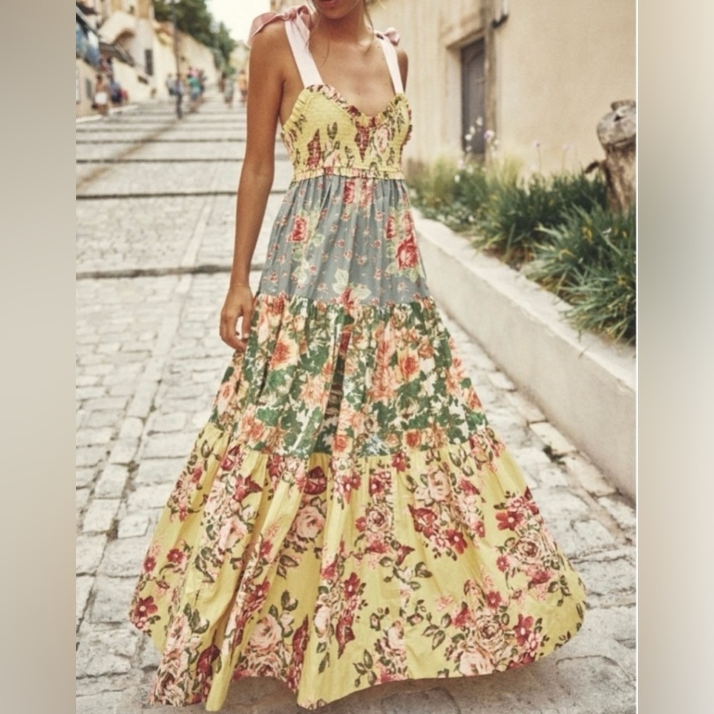 NWOT Free People Bluebell tiered maxi smocked dress in warm flowered combo S